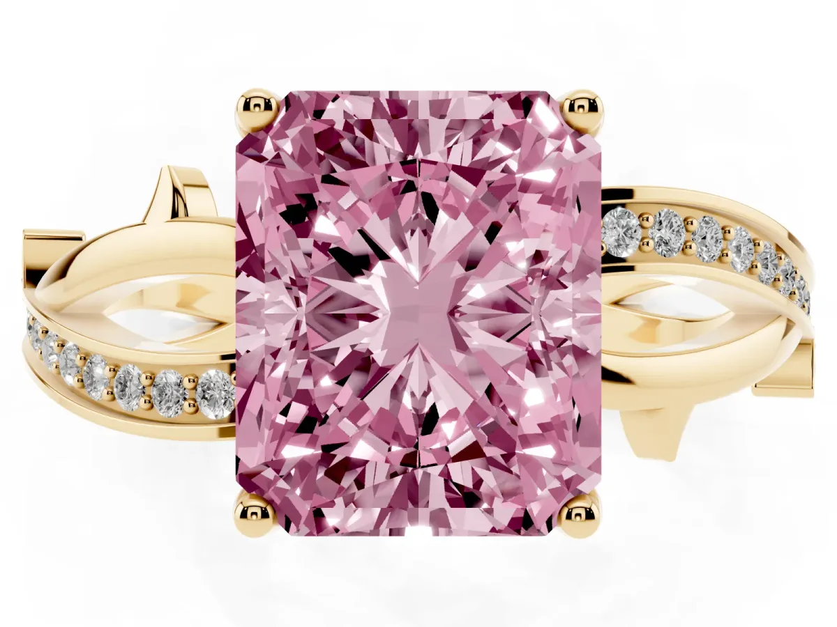 Fancy Pink Radiant Cut Solitaire Twist Band with Pavé Accents and Four-Prong Setting Yellow gold