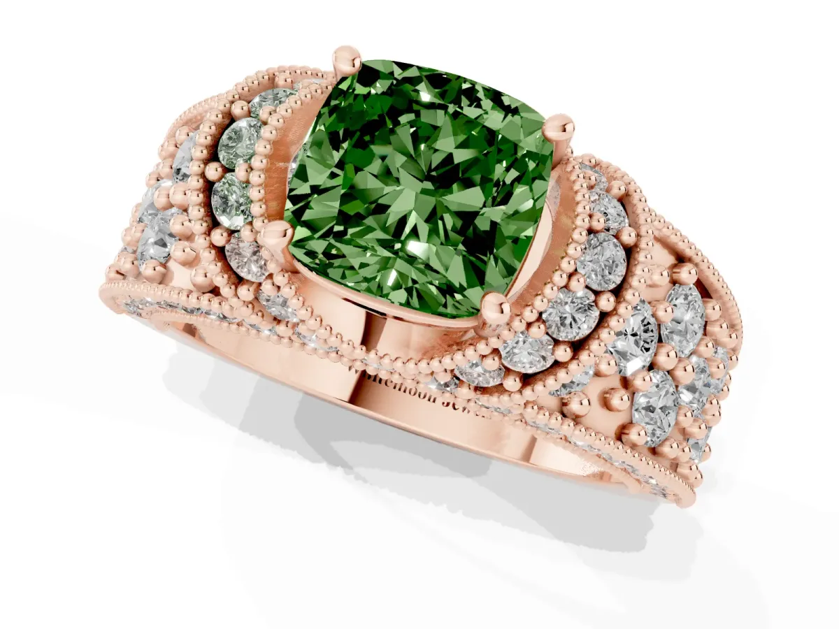 Fancy Green Cushion Cut Halo Pave Diamond Engagement Ring with Milgrain Detailing Rose gold