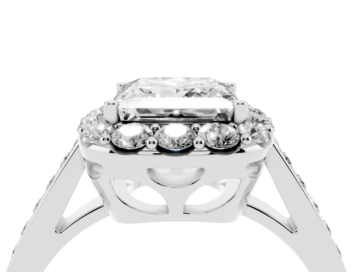 Princess Cut Diamond Floral Halo Ring with Pavé Band and Prong Setting Silver
