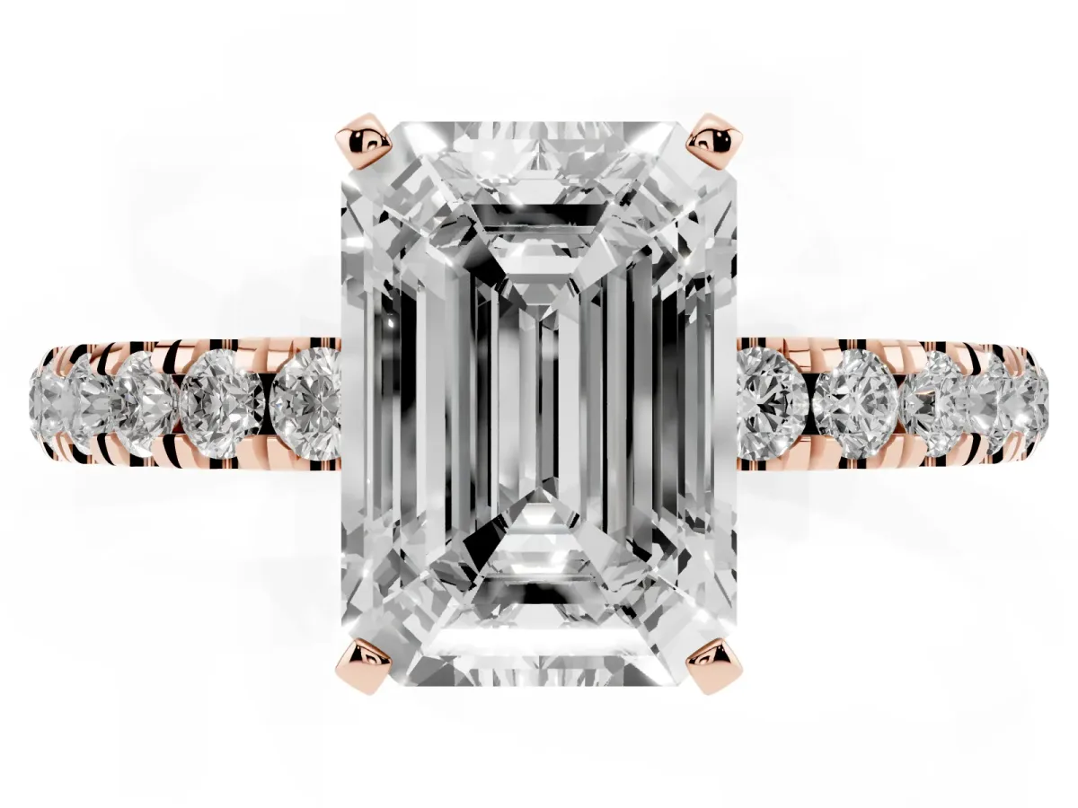 Emerald Cut Diamond Solitaire Ring with Pavé Accents and Four-Prong Setting Rose gold