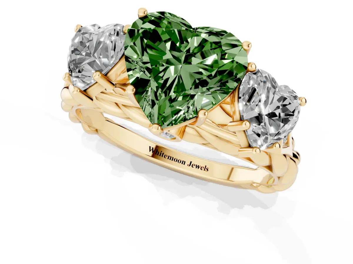 Fancy Green Three-Stone Heart Cut Diamond Braided Band Ring with Four-Prong Setting Yellow gold