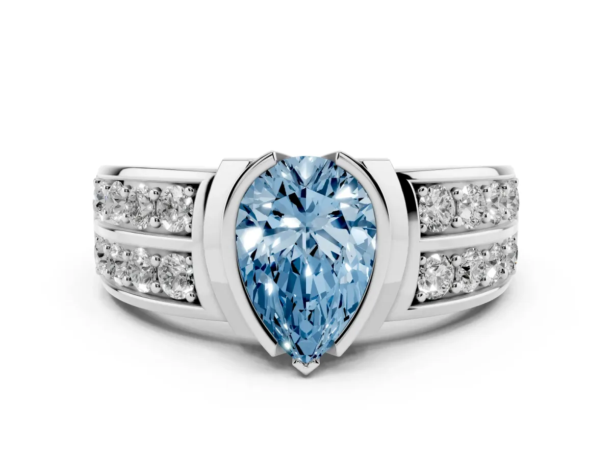 Fancy Blue Pear Cut Brilliant Diamond Channel Set Wide Band Ring with Bezel Setting Platinum
