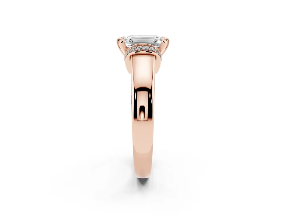 Emerald Cut Solitaire Diamond Ring with Pave Band and Six-Prong Setting Rose gold
