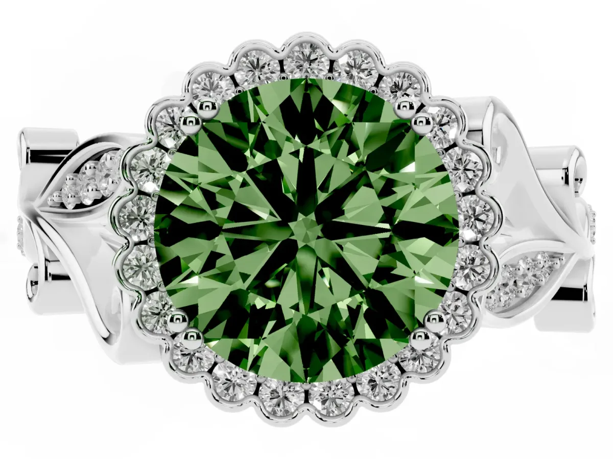 Fancy Green Round Cut Diamond Halo Ring with Vintage Split Shank and Four-Prong Setting Silver