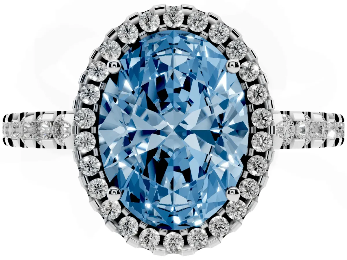 Fancy Blue Oval Cut Diamond Halo Engagement Ring with Pavé Band and Prong Setting Platinum