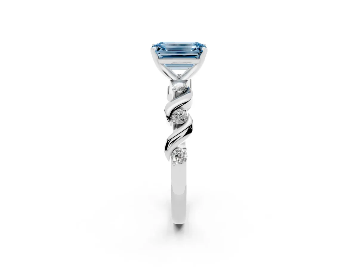 Fancy Blue Emerald Cut Diamond Solitaire Twisted Band with Round Accents and Prong Setting Platinum