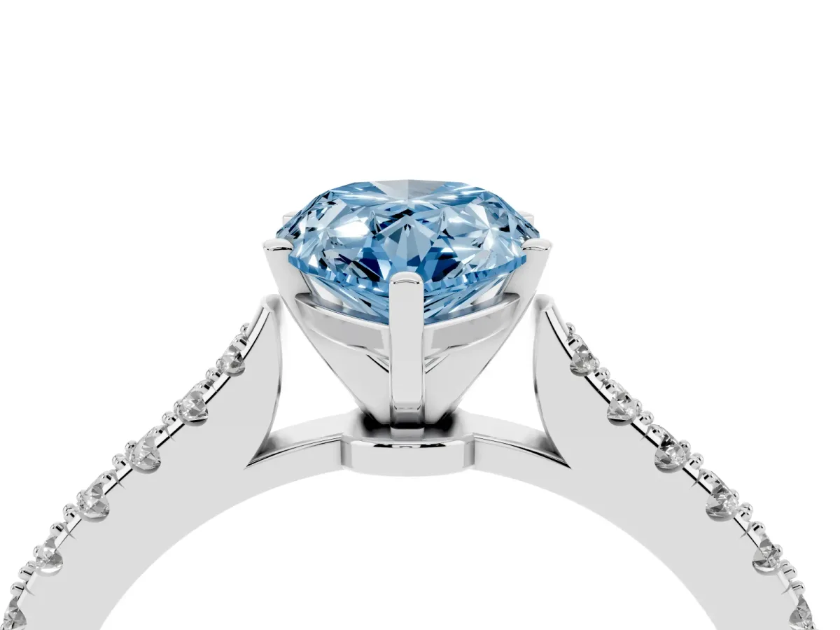 Fancy Blue Pear Cut Cut Solitaire Diamond Engagement Ring with Pave Band and Four-Prong Setting Silver
