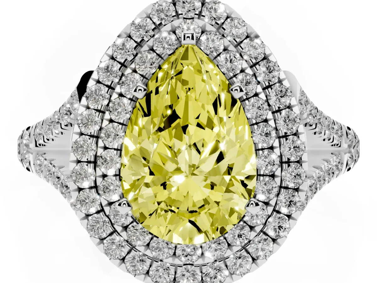 Fancy Yellow Pear Cut Cut Double Halo Split Shank Diamond Ring with Prong Setting Silver
