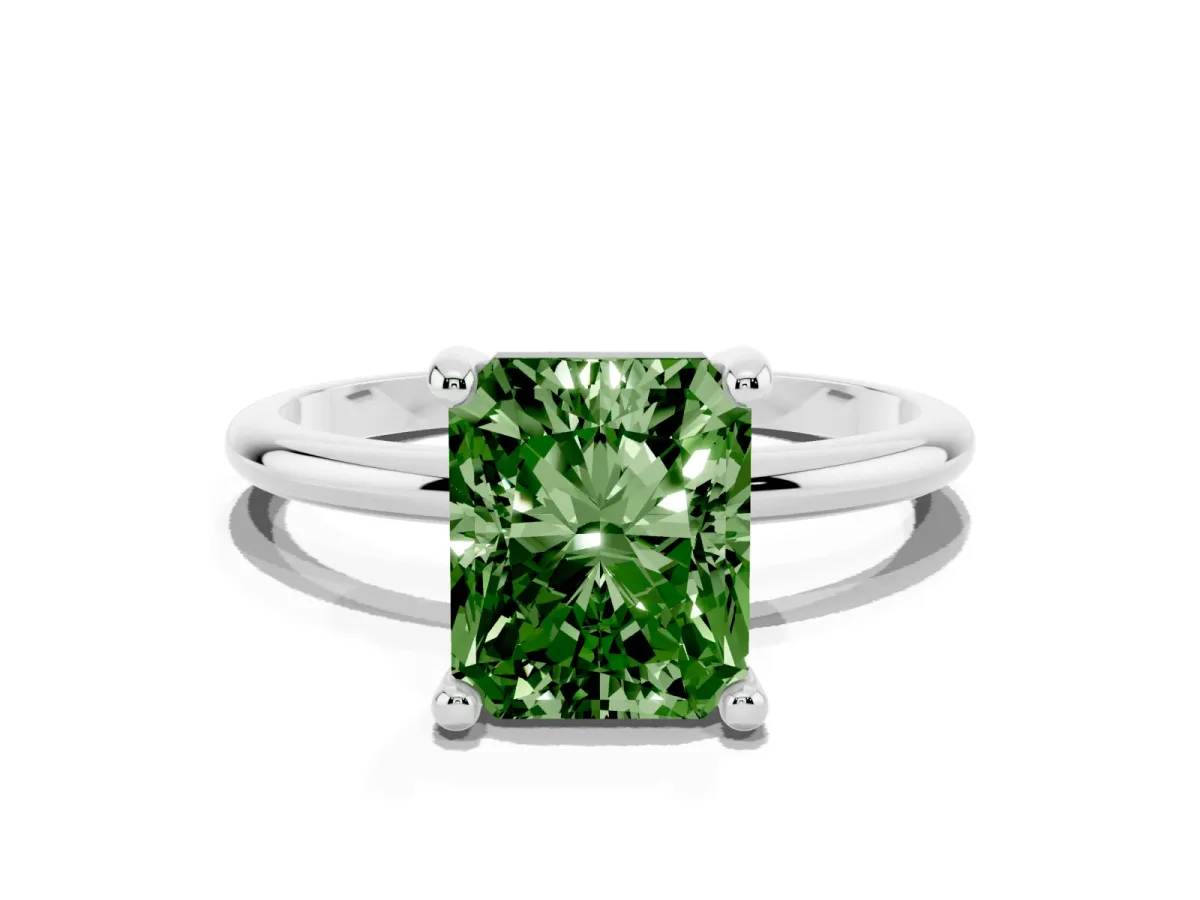Fancy Green Radiant Cut Solitaire Diamond Ring with 4-Prong Setting on a Classic Band Silver