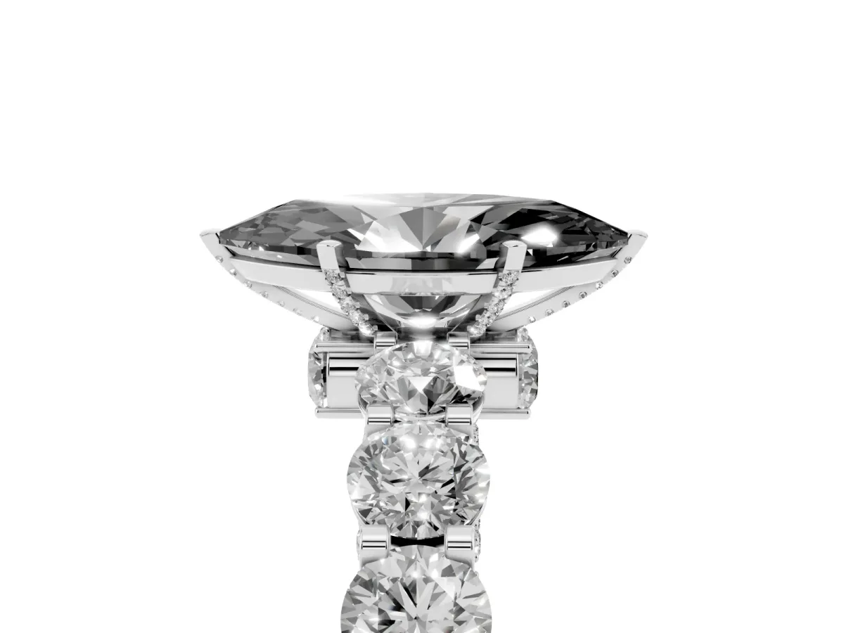 Fancy Black Marquise Cut Diamond Side Stone Engagement Ring with Four-Prong Setting Silver