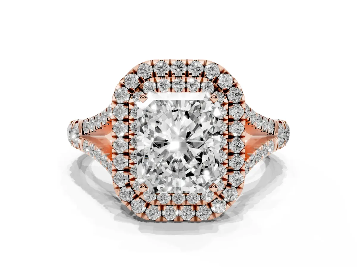 Radiant Cut Diamond Pavé Split Shank Double Halo Engagement Ring Rose gold