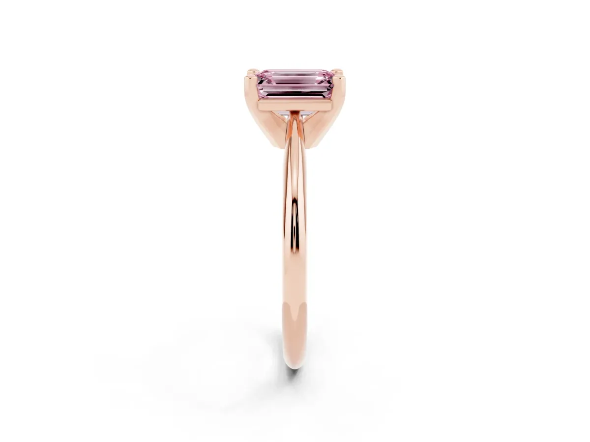 Fancy Pink Emerald Cut Cut Solitaire Ring with Four-Prong Setting on a Classic Band Rose gold