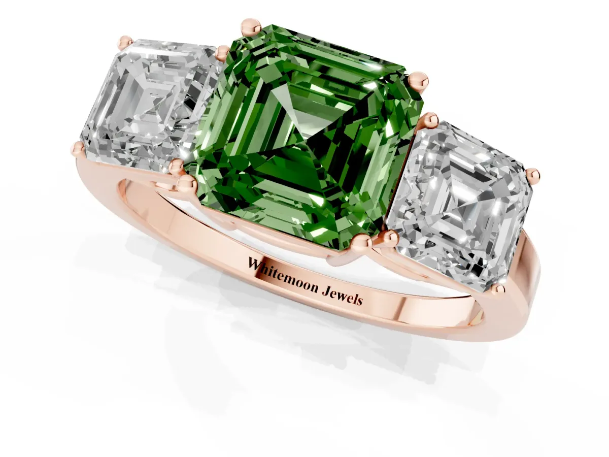 Fancy Green Three-Stone Asscher Cut Cut Diamond Engagement Ring with Flat Band and Four-Prong Setting Rose gold