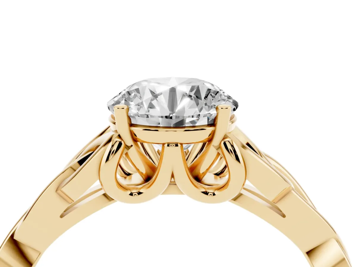 Round Cut Diamond Solitaire Engagement Ring with Celtic Knot Band and Four-Prong Setting Yellow gold