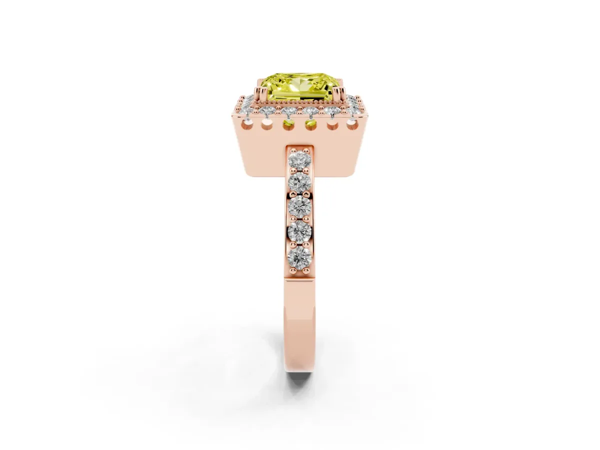 Fancy Yellow Princess Cut Diamond Halo Ring with Pavé Band and Prong Setting Rose gold