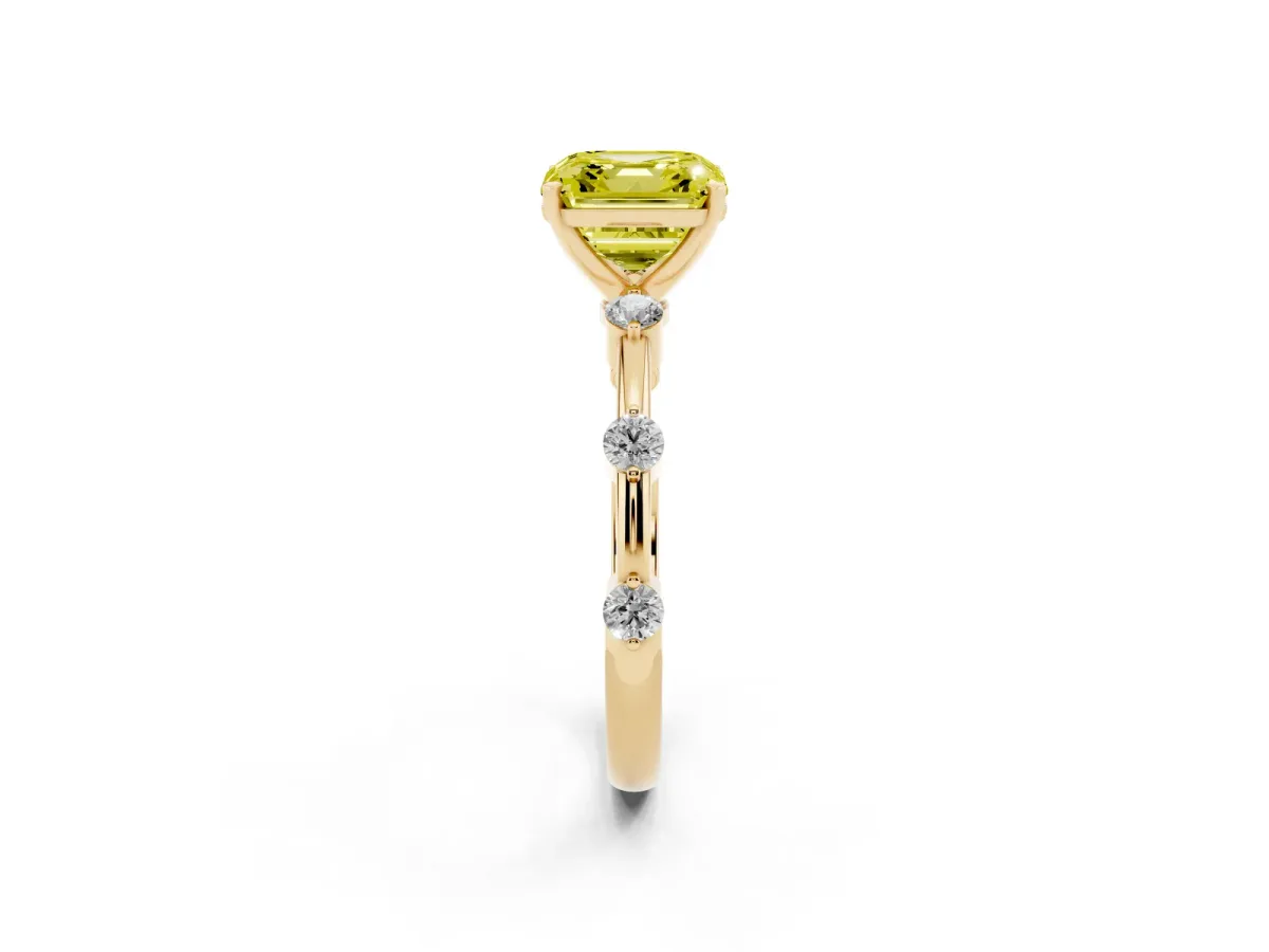 Fancy Yellow Asscher Cut Solitaire Diamond Ring with Bezel Set Side Stones and Prong Setting Yellow gold