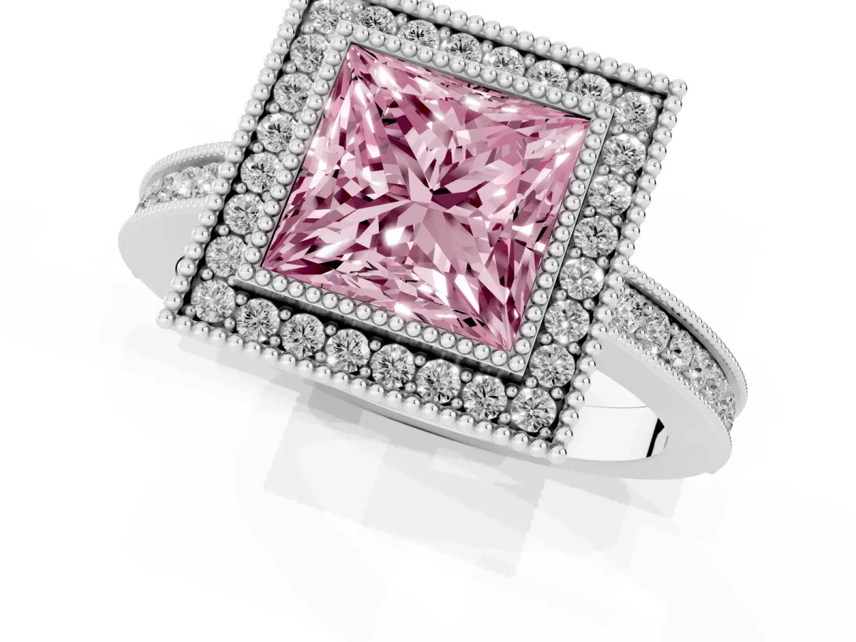 Fancy Pink Princess Cut Cut Halo Diamond Ring with Pavé Band and Milgrain Prong Setting Platinum