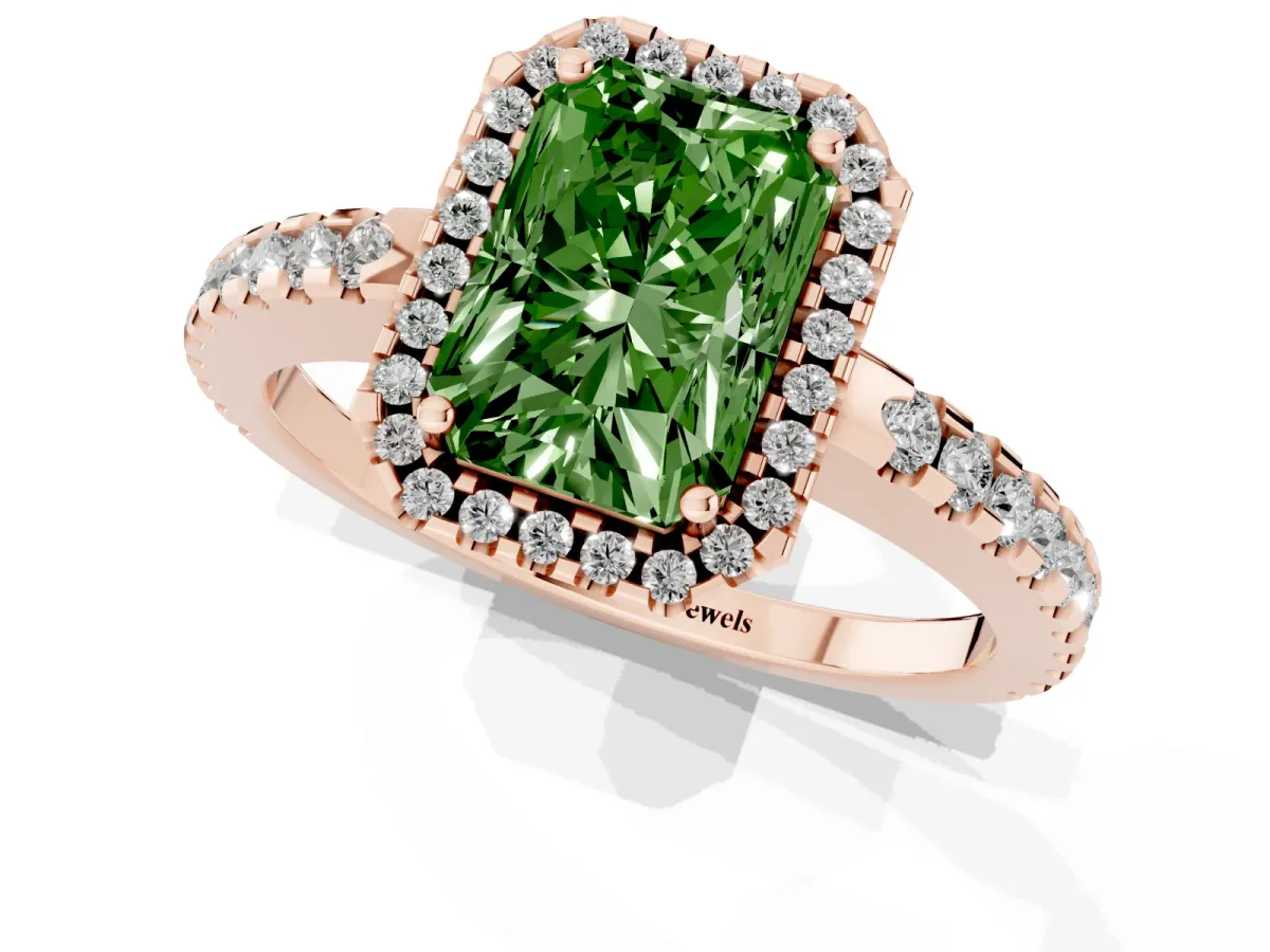 Fancy Green Radiant Cut Diamond Halo Engagement Ring with Pavé Band and Prong Setting Rose gold