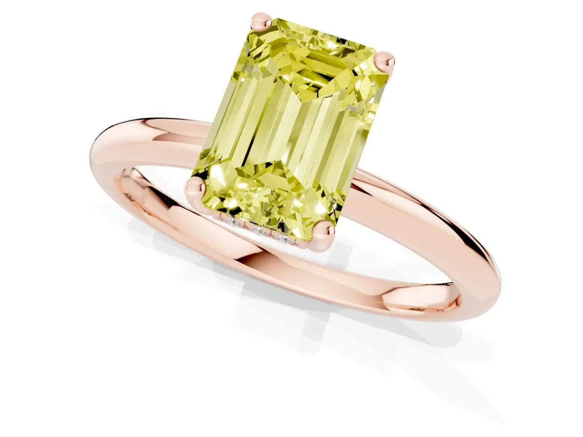 Fancy Yellow Emerald Cut Cut Solitaire Engagement Ring with Four-Prong Setting and Classic Band Rose gold