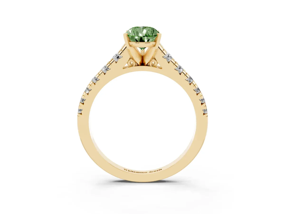 Fancy Green Pear Cut Diamond Cathedral Solitaire Ring with Round Pavé Band Yellow gold