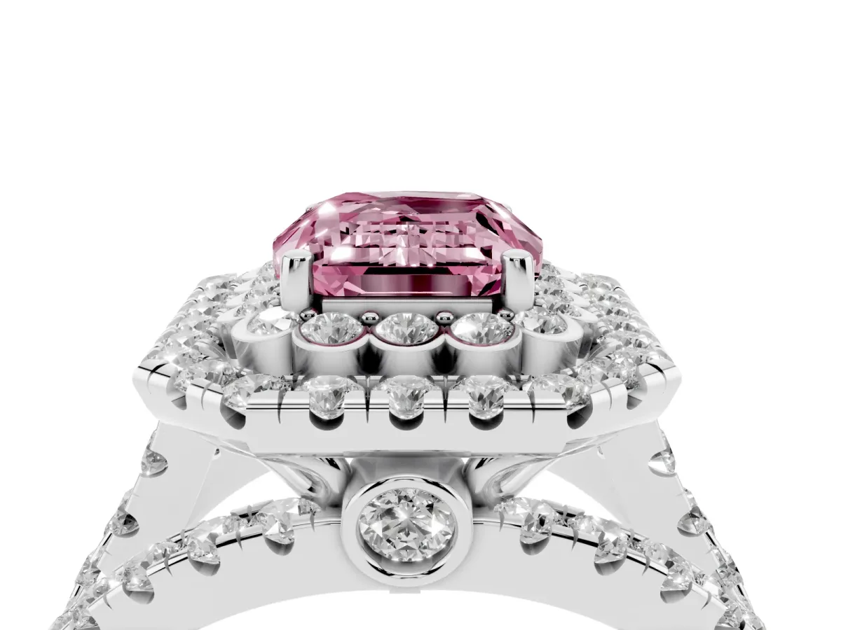 Fancy Pink Emerald Cut Diamond Double Halo Ring with Round Pavé Split Shank and Prong Setting Silver