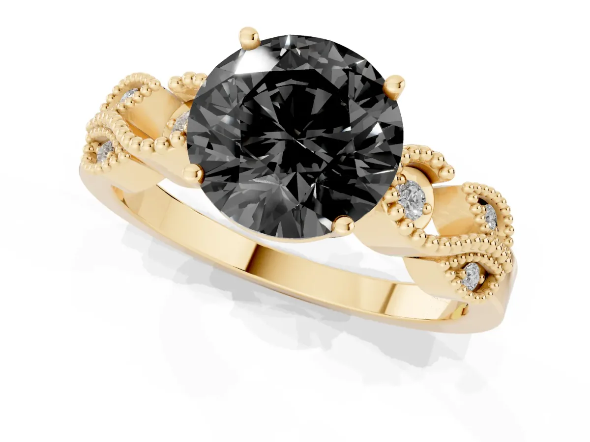 Fancy Black Round Cut Solitaire Milgrain Leaf Band with Prong Setting Yellow gold