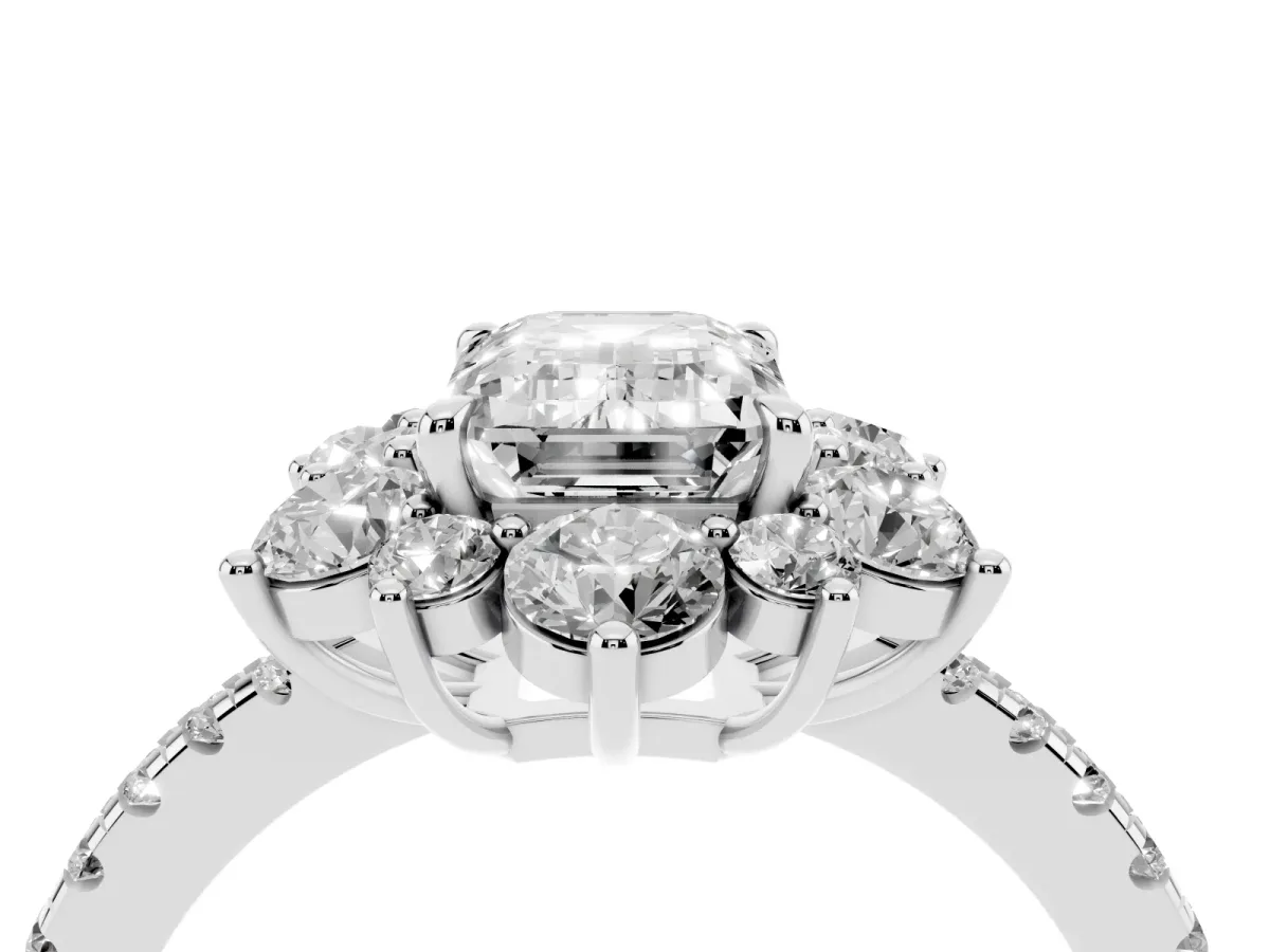 Emerald Cut Diamond Floral Halo Ring with Round Pavé Band and Prong Setting White gold