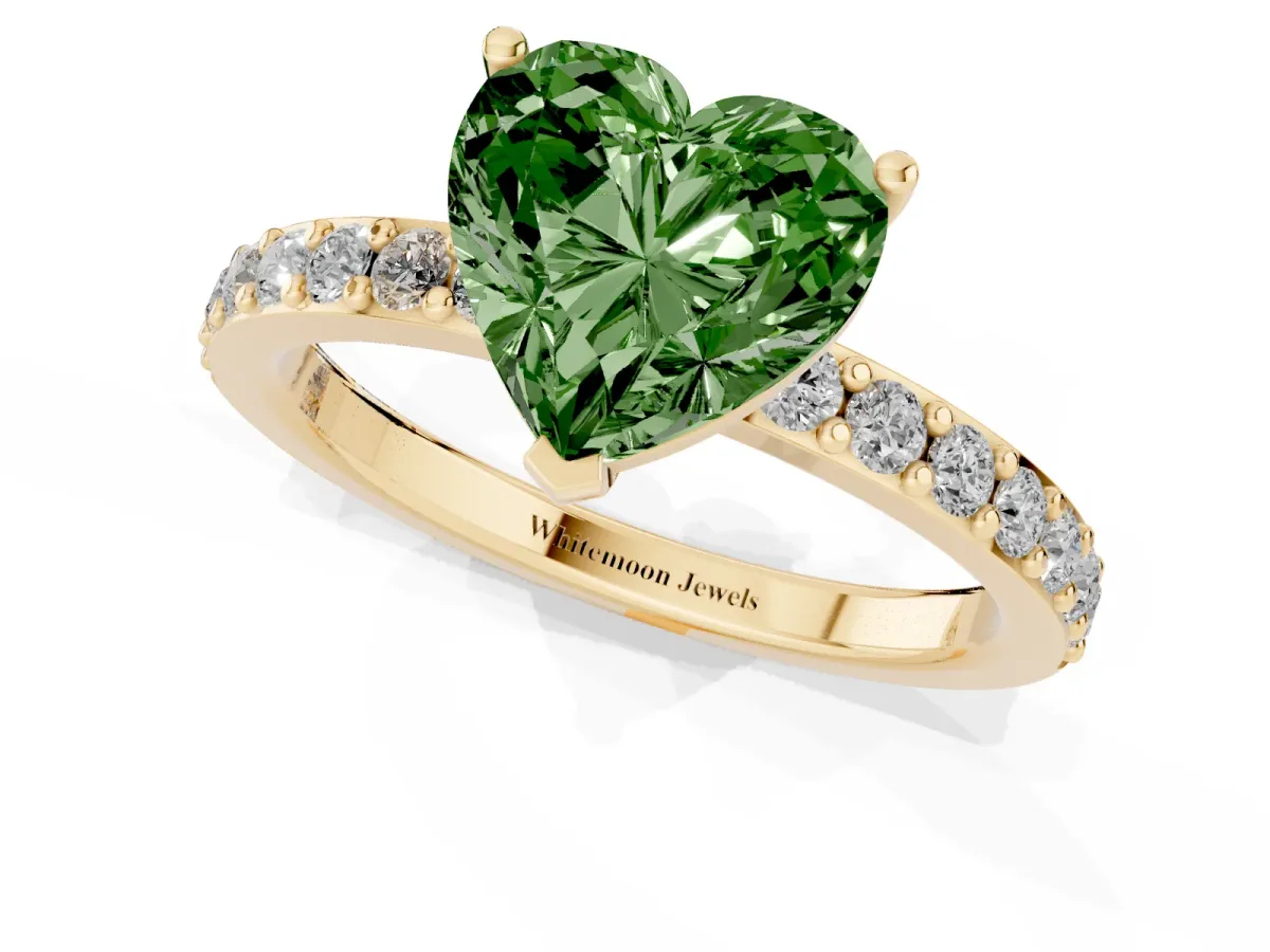 Fancy Green Heart Cut Cut Diamond Solitaire with Pave Band and Four-Prong Setting Yellow gold