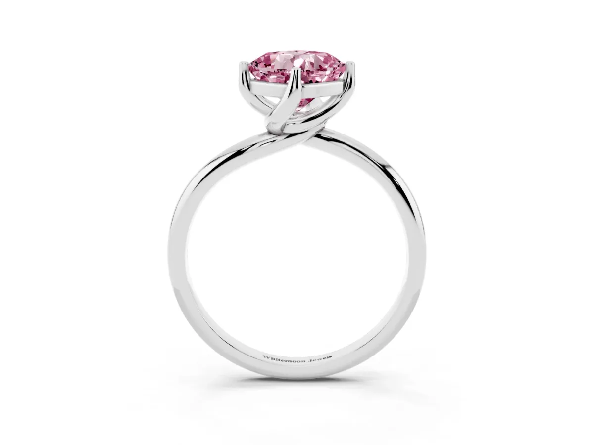 Fancy Pink Cushion Cut Diamond Solitaire Engagement Ring with Four-Prong Setting and Classic Band Platinum