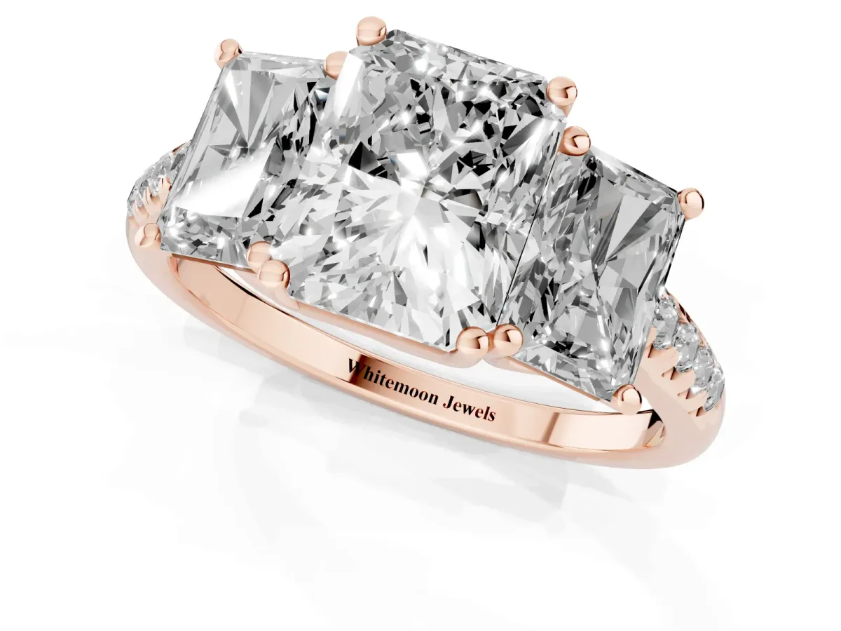 Three-Stone Radiant Cut Diamond Ring with Round Pavé Band and Prong Setting Rose gold
