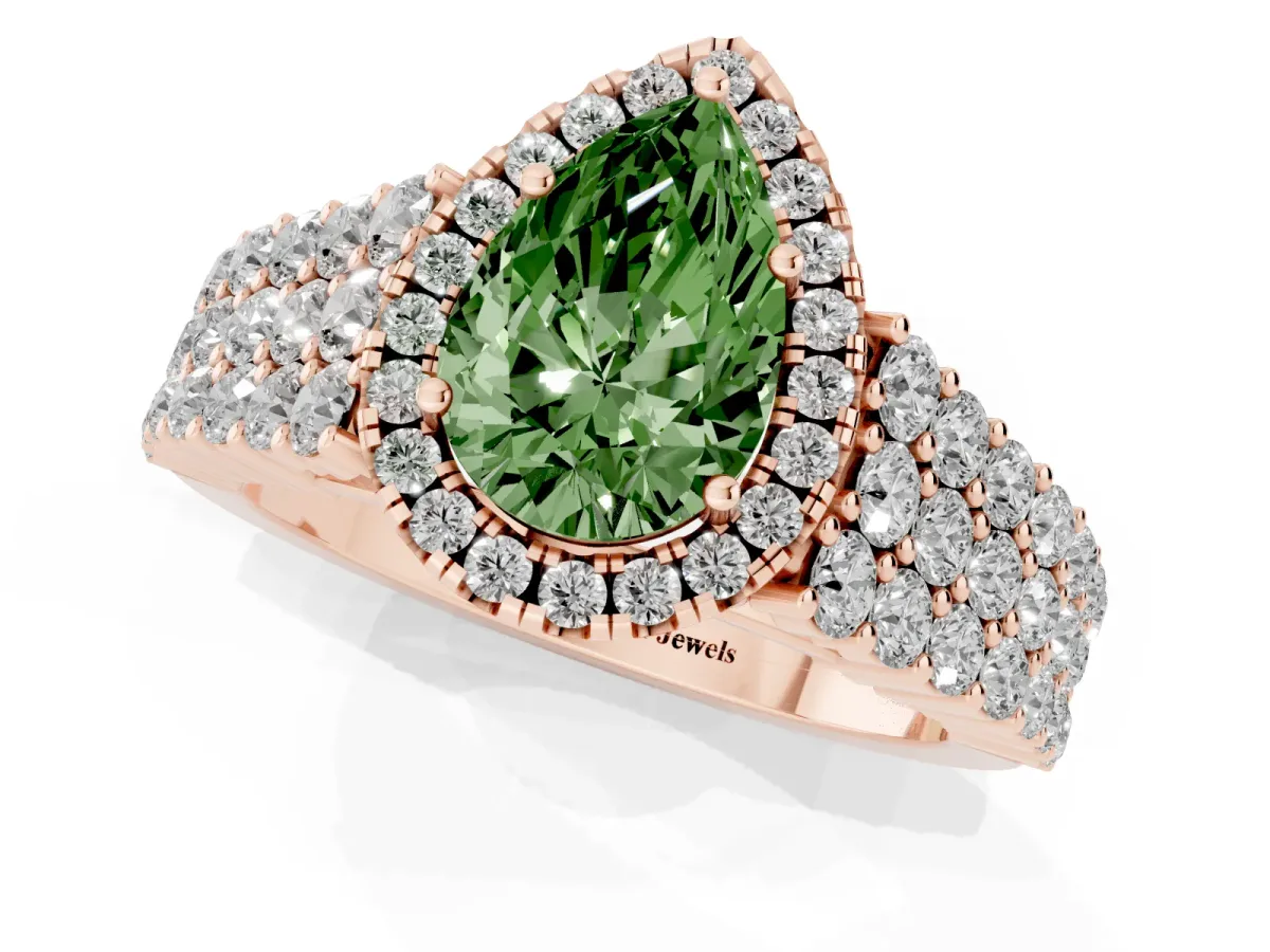 Fancy Green Pear Cut Diamond Halo Engagement Ring with Triple Row Round Pavé Band and Prong Setting Rose gold