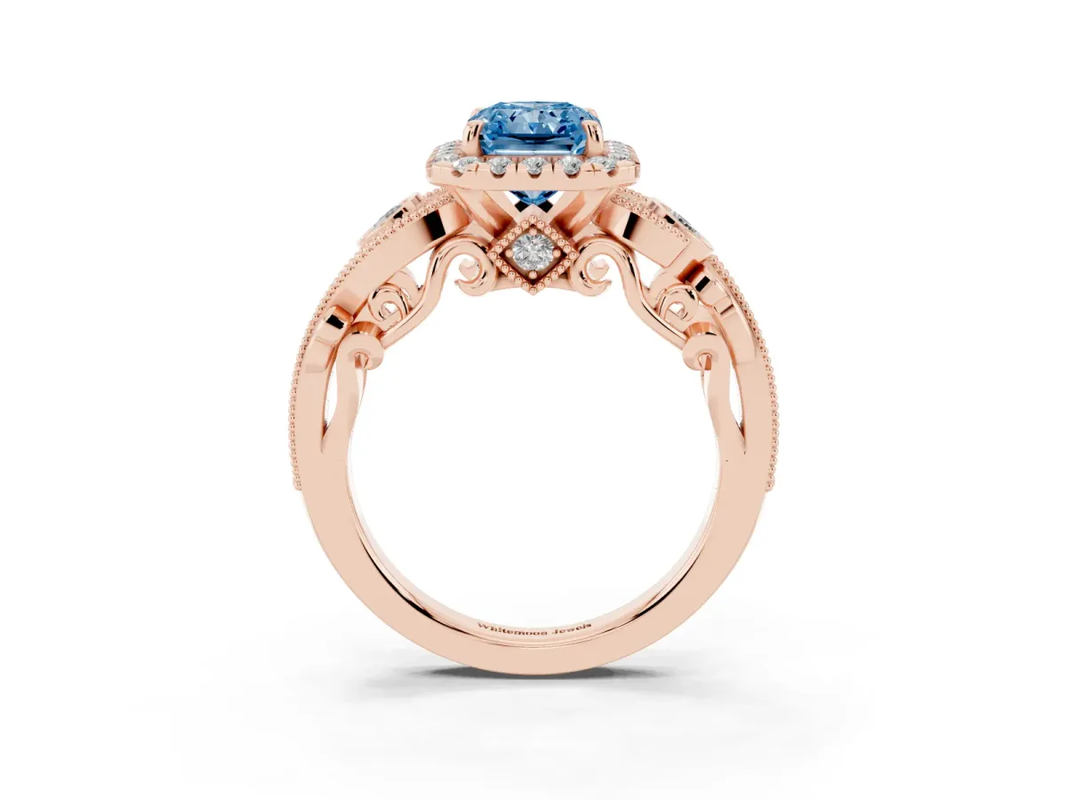 Fancy Blue Radiant Cut Halo Diamond Ring with Milgrain and Bezel Accents on a Split Shank Band Rose gold