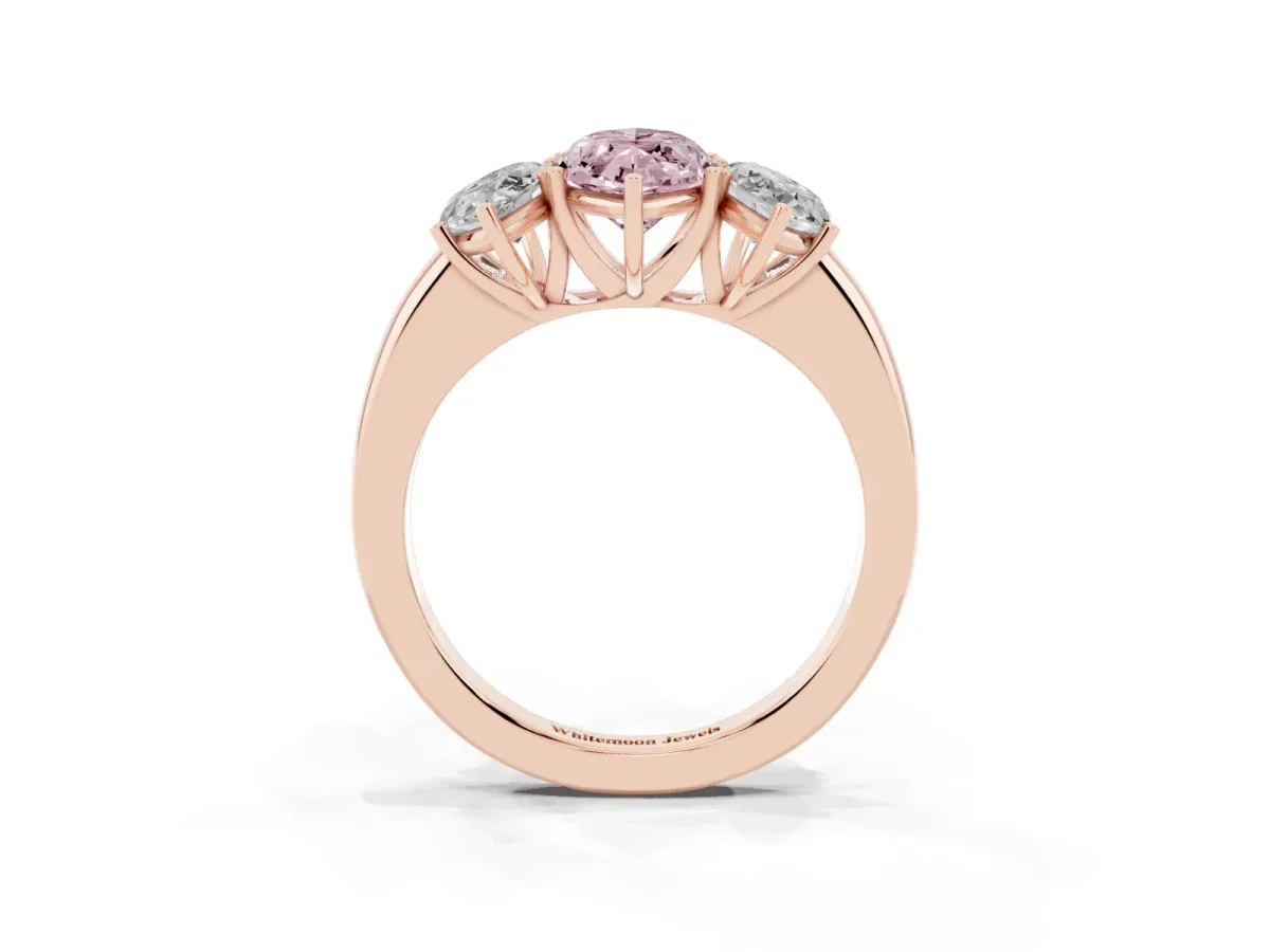 Fancy Pink Marquise Cut Diamond Three-Stone Ring with Four-Prong Setting and Classic Band Rose gold