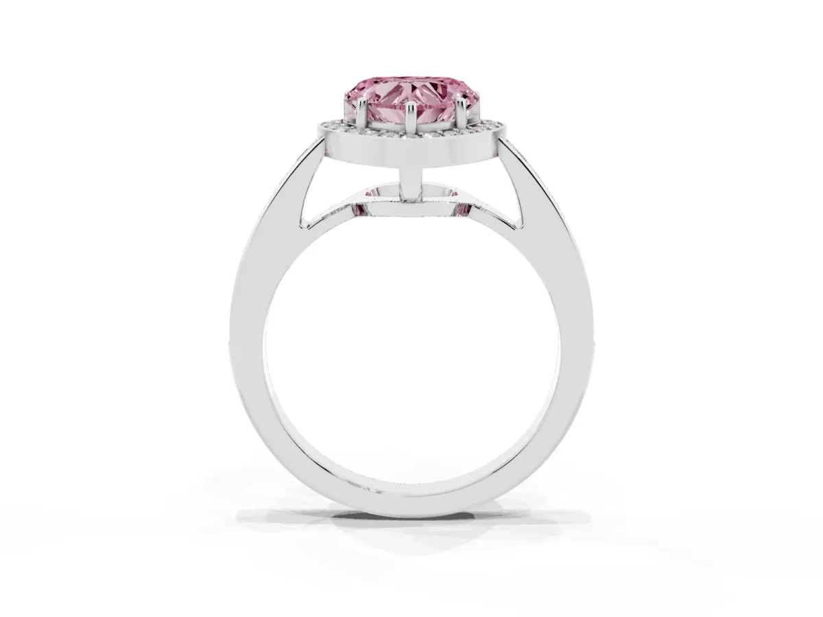 Fancy Pink Heart Cut Halo Pavé Diamond Engagement Ring with Bezel Setting Silver