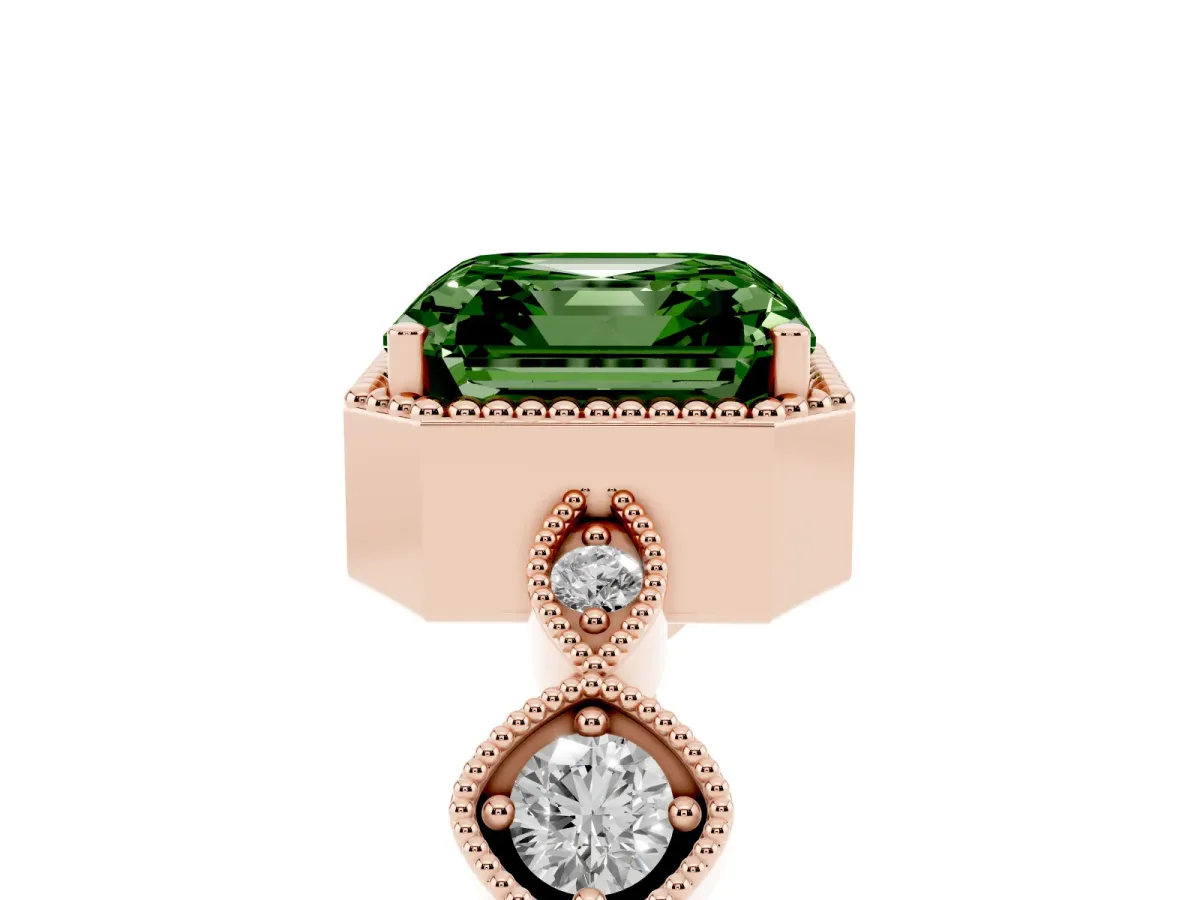 Fancy Green Asscher Cut Diamond Vintage Milgrain Ring with Round Stations Rose gold