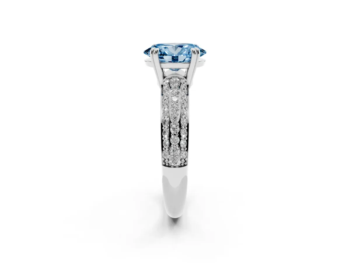 Fancy Blue Oval Cut Diamond Solitaire Ring with Multi-Row Round Pavé Band and Prong Setting Silver