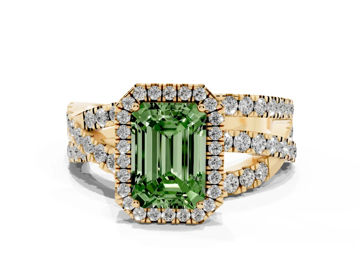 Fancy Green Emerald Cut Diamond Halo Ring with Round Split Shank and Prong Setting Yellow gold