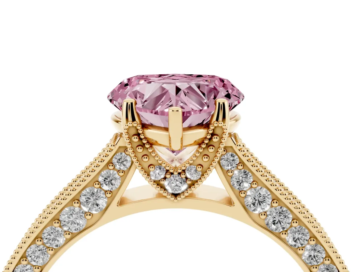 Fancy Pink Heart Cut Cut Diamond Solitaire Ring with Milgrain Pave Band and Four Prong Setting Yellow gold