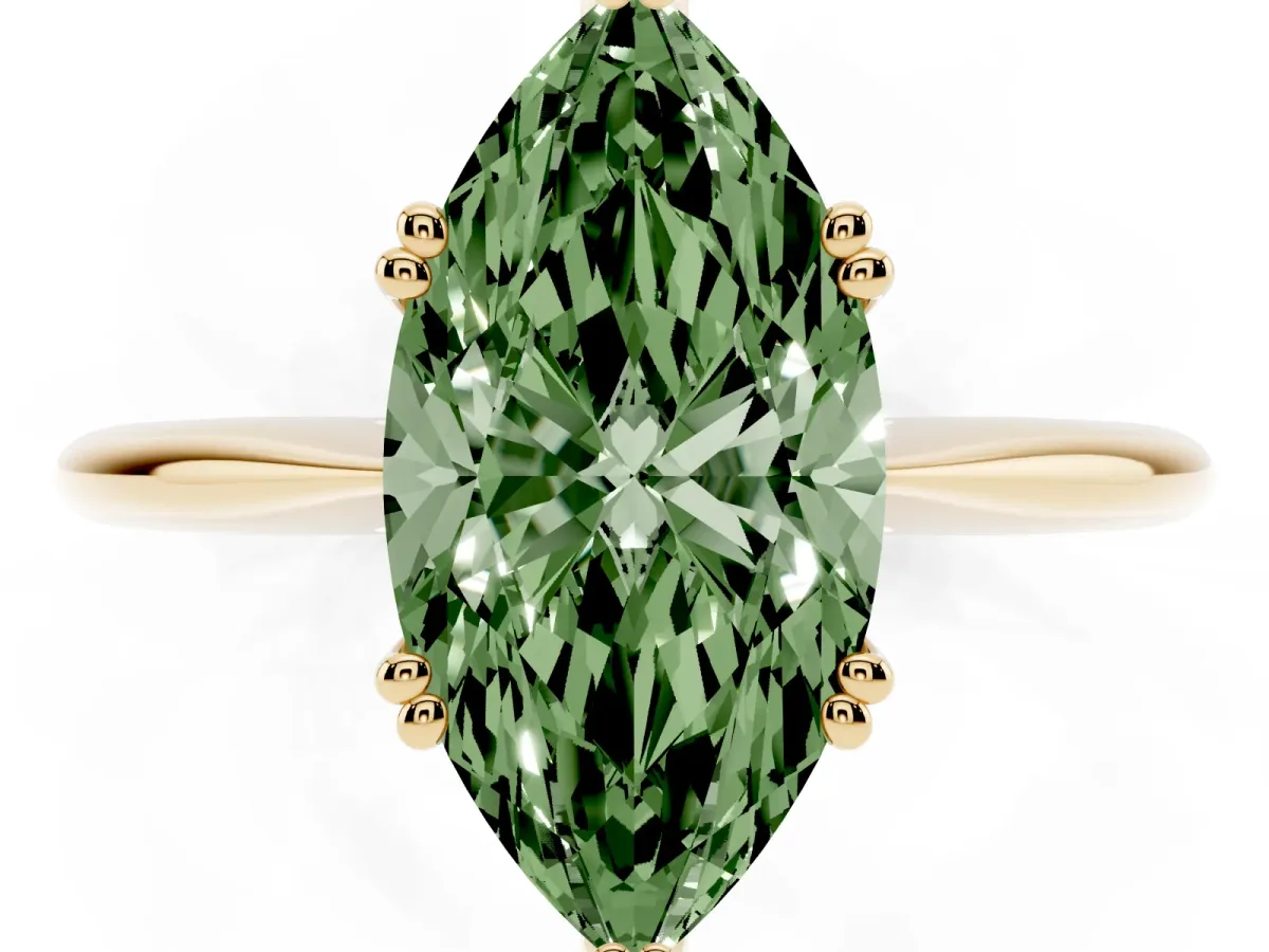 Fancy Green Marquise Cut Solitaire Diamond Ring with Six-Prong Setting and Classic Band Yellow gold