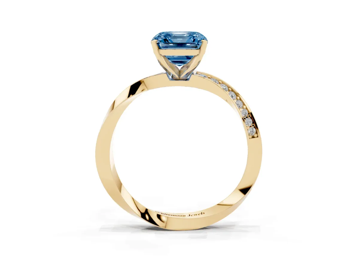 Fancy Blue Asscher Cut Diamond Engagement Ring with Side Stone Accents and Four-Prong Setting Yellow gold