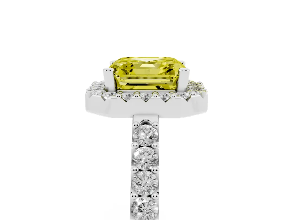 Fancy Yellow Asscher Cut Halo Diamond Pavé Solitaire Ring Platinum