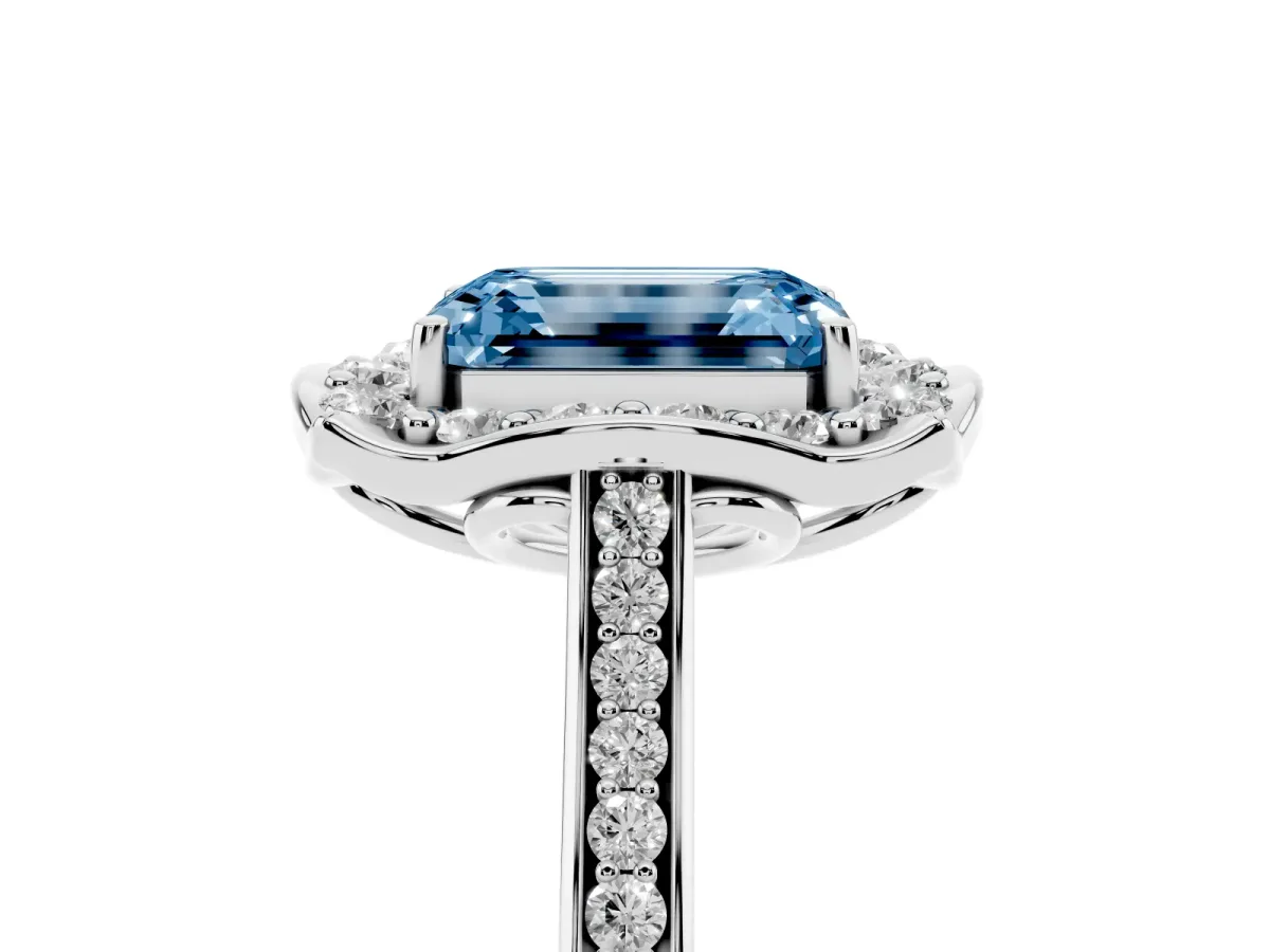 Fancy Blue Emerald Cut Halo Round Diamond Pave Band with Four-Prong Setting Silver