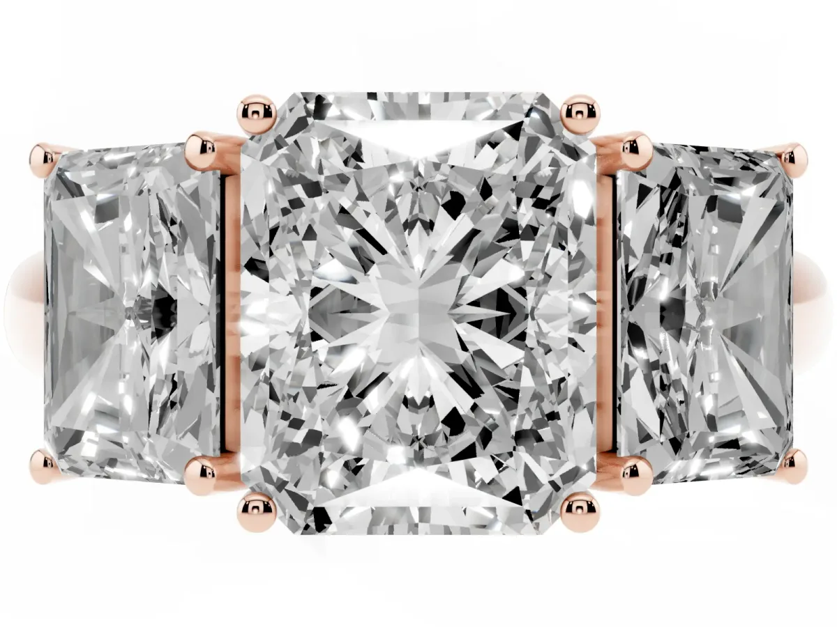 Three-Stone Radiant Cut Diamond Engagement Ring with Prong Setting Rose gold