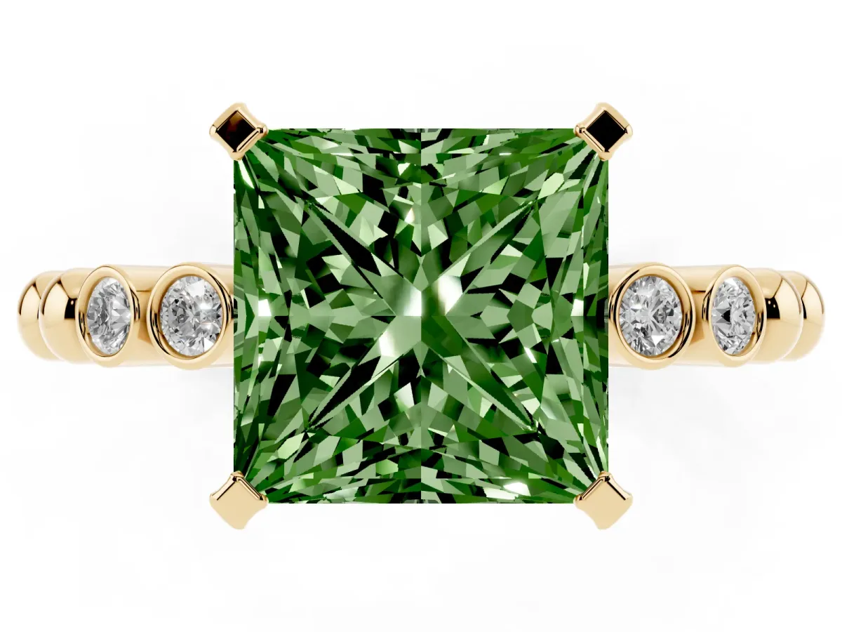 Fancy Green Princess Cut Solitaire Bezel Accent Diamond Engagement Ring with Beaded Band and Four-Prong Setting Yellow gold