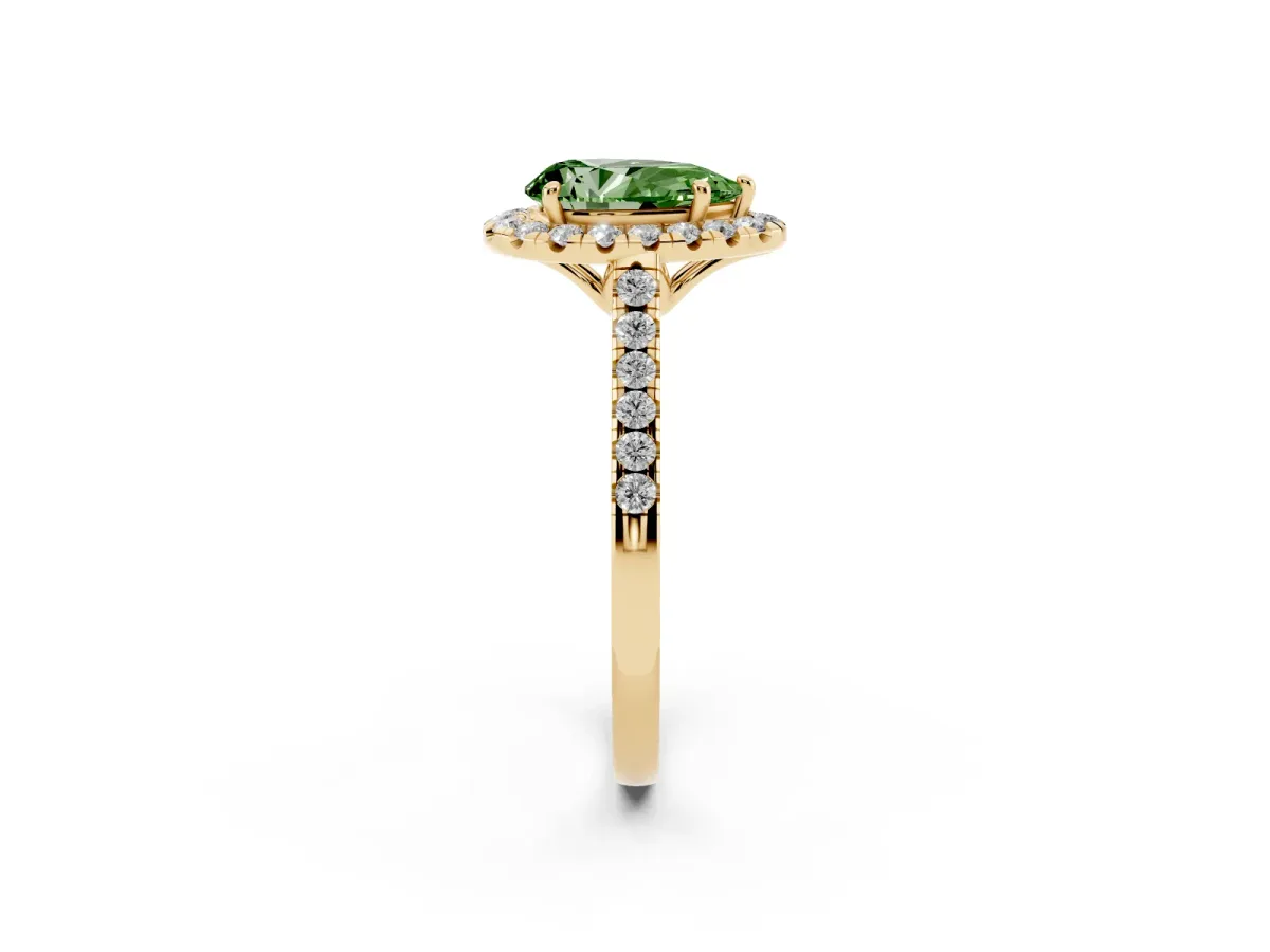 Fancy Green Pear Cut Halo Pavé Diamond Engagement Ring with Four-Prong Setting Yellow gold