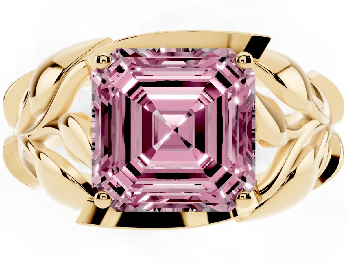 Fancy Pink Asscher Cut Diamond Leaf-Inspired Engagement Ring with Round Accents and Prong Setting Yellow gold