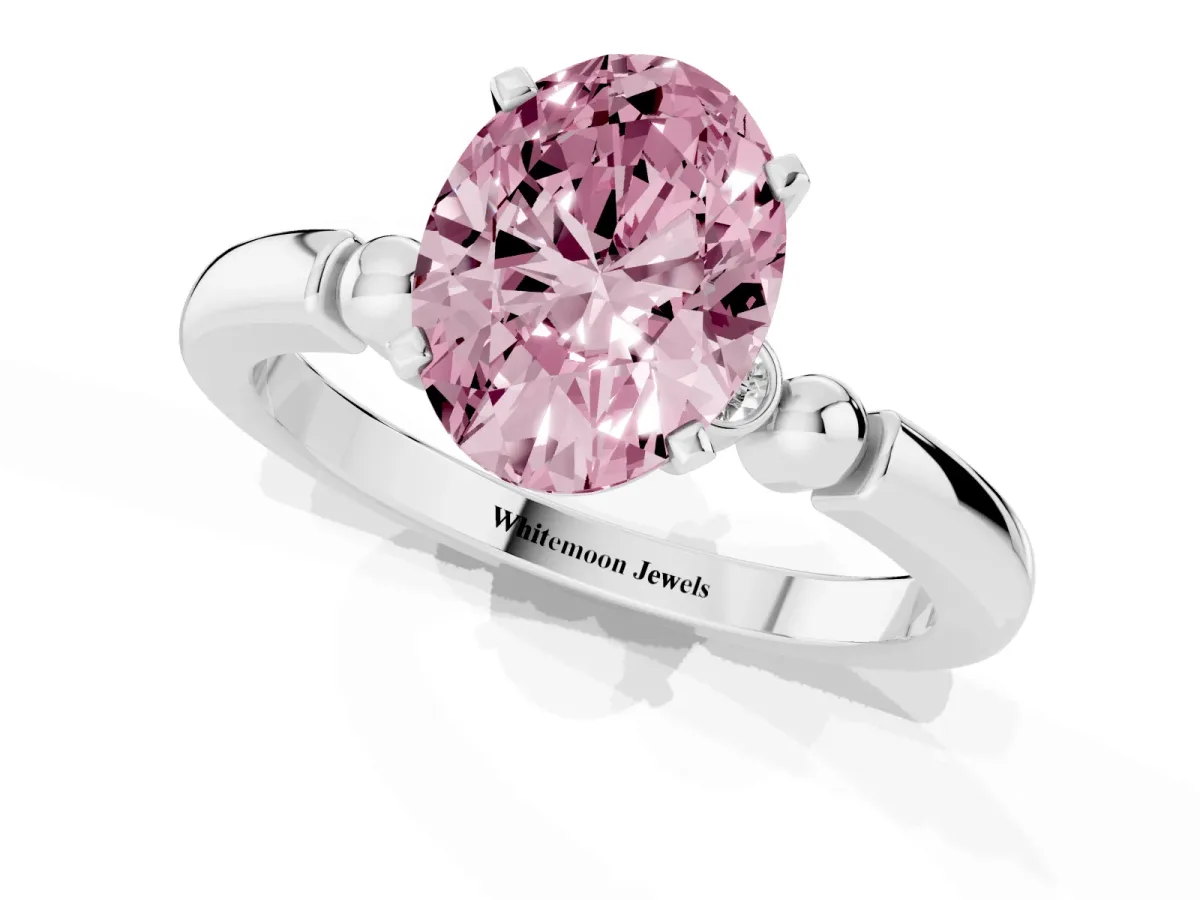 Fancy Pink Oval Cut Solitaire Beaded Band with Four-Prong Setting Platinum