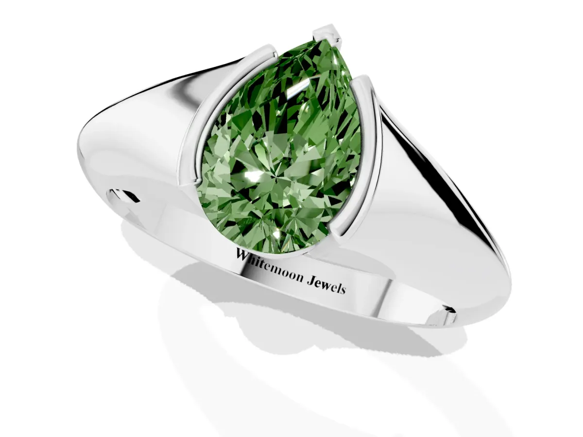 Fancy Green Pear Cut Solitaire Tension Set Diamond Ring Silver
