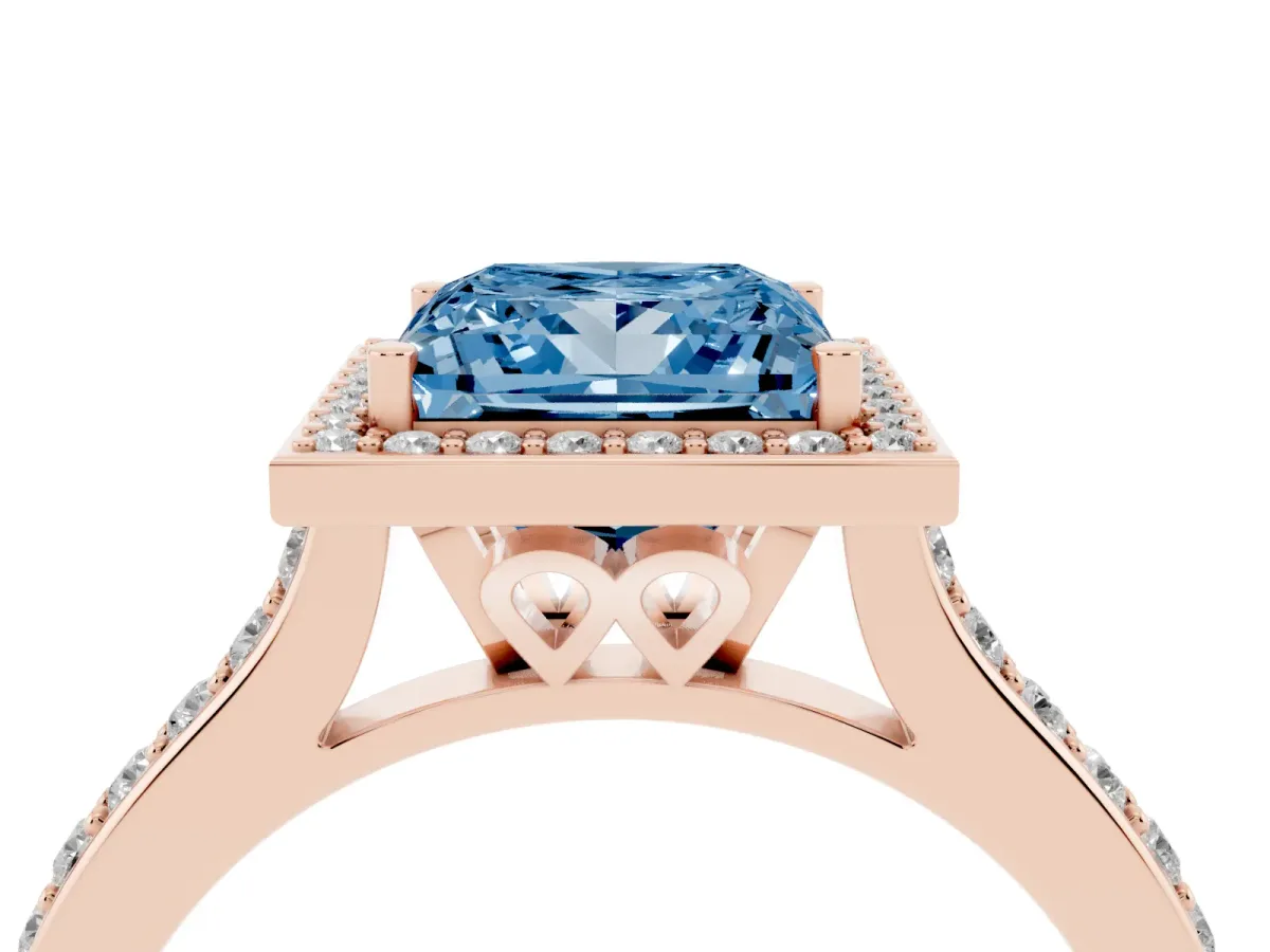 Fancy Blue Princess Cut Diamond Halo Engagement Ring with Round Pavé Shoulders and Prong Setting Rose gold