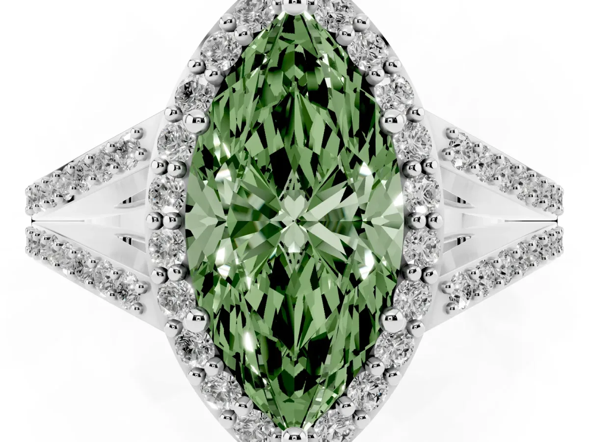 Fancy Green Marquise Cut Halo Split Shank Diamond Ring with Prong Setting Silver